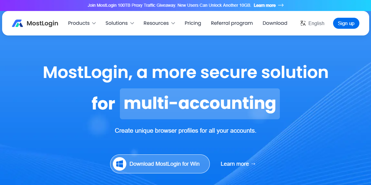 MostLogin antidetect browser homepage — a more secure solution for multi-accounting