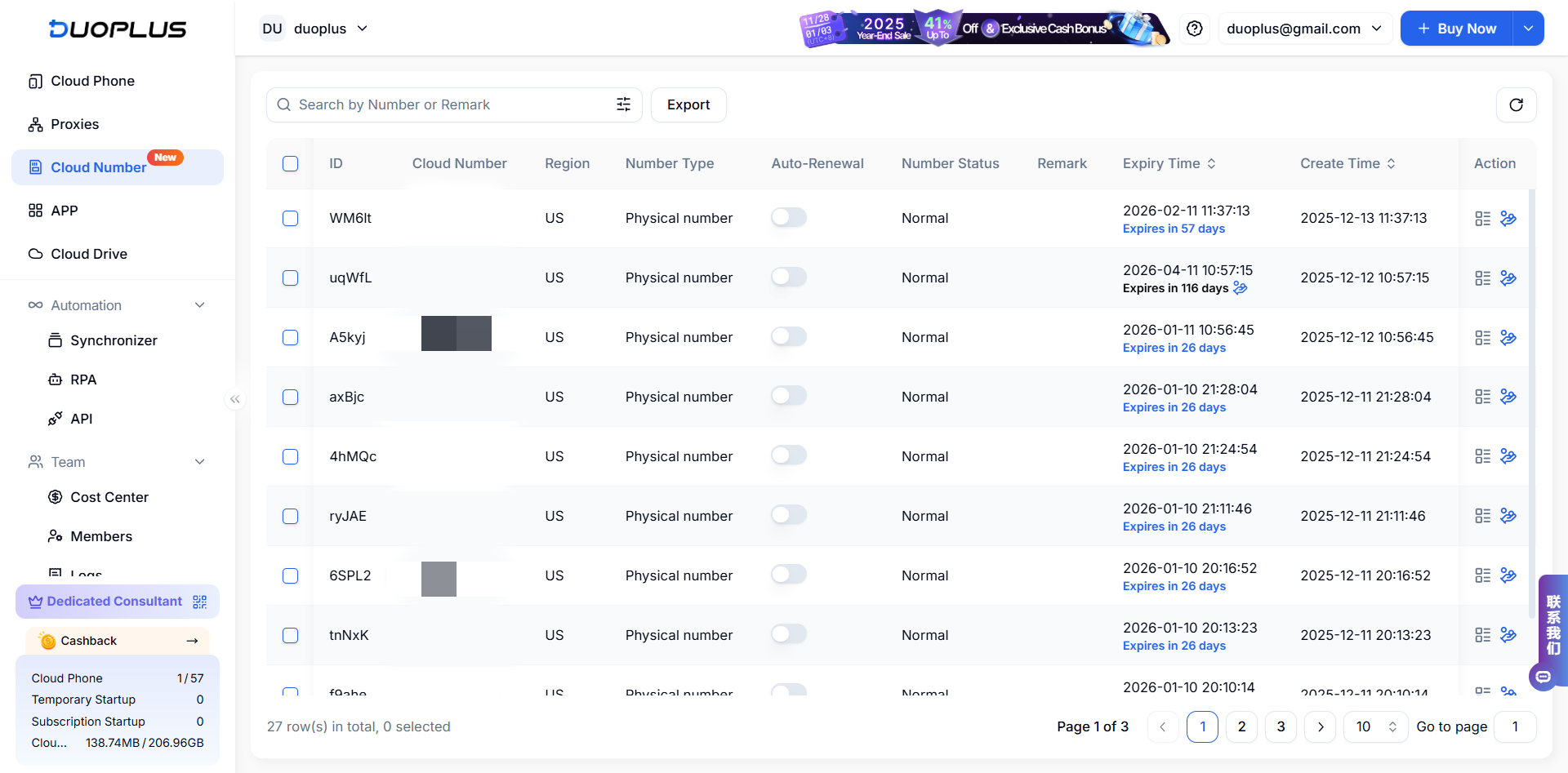 DuoPlus Cloud Number dashboard listing physical and virtual phone numbers