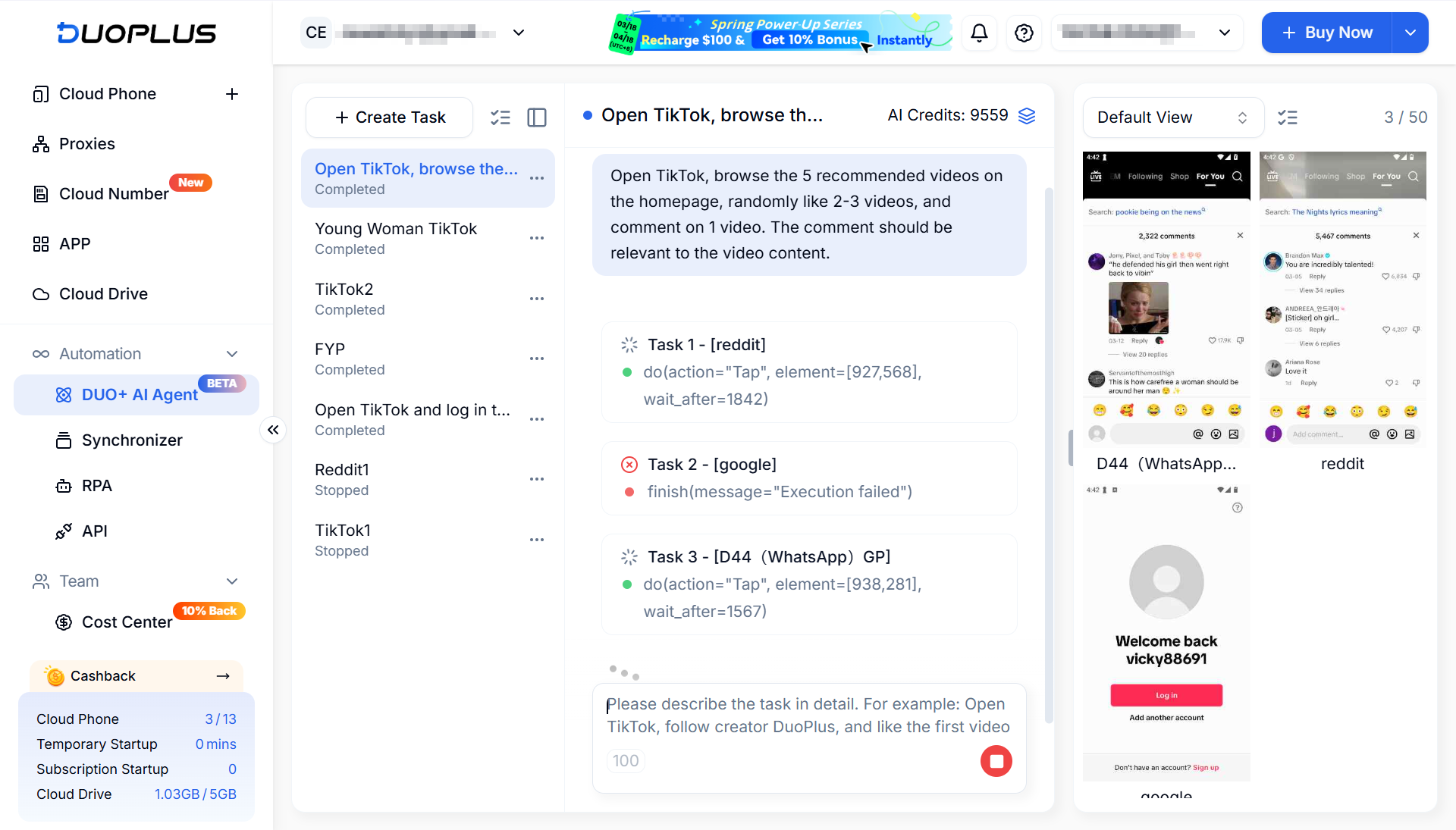 DuoPlus DUO+ AI Agent executing tasks across multiple cloud phones